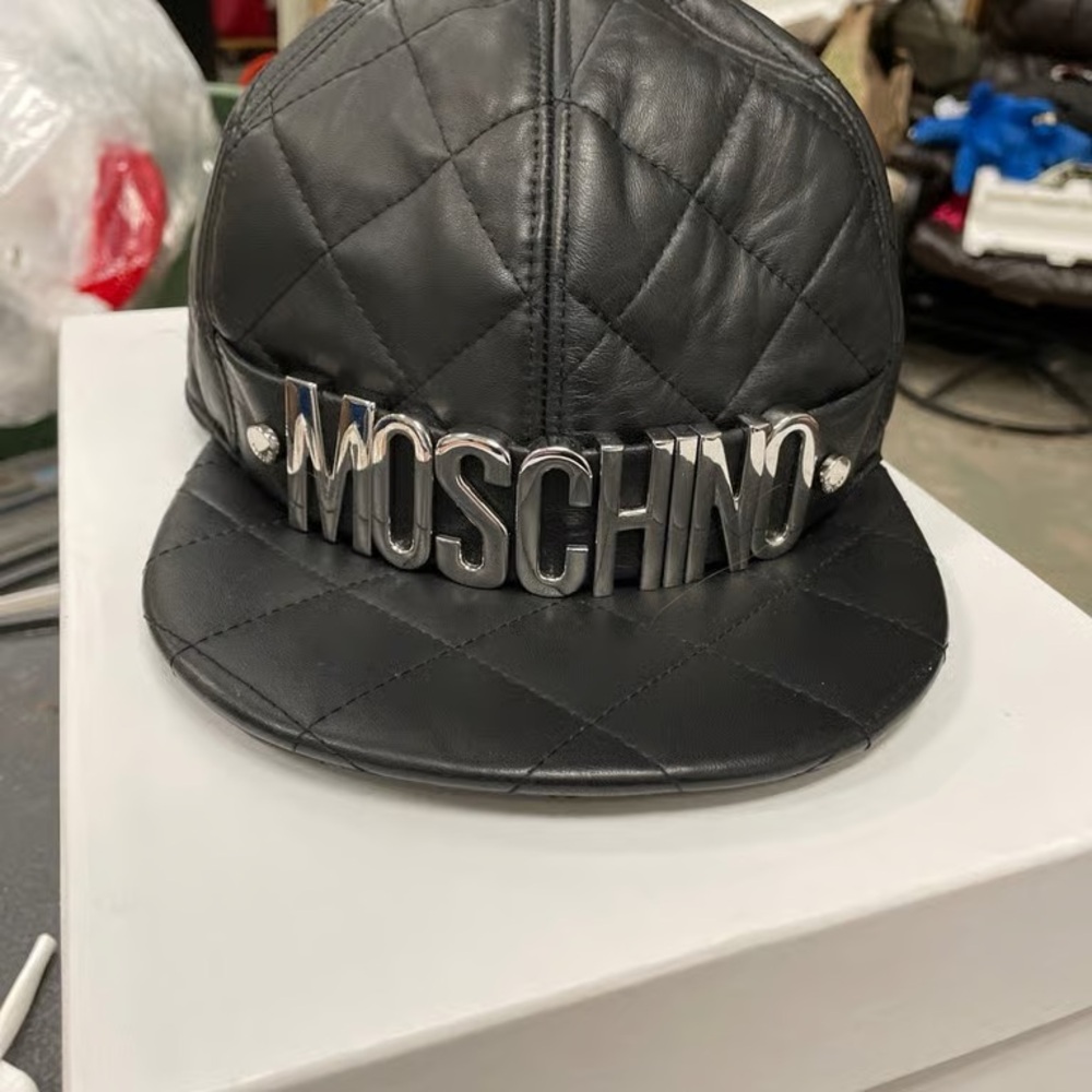 Moschino Quilted Black Leather Hat with Silver Logo
